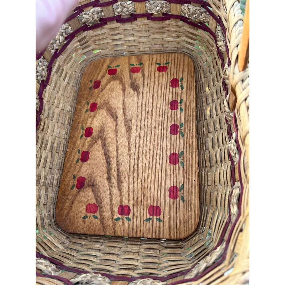 Handmade Woven Splint Basket Wood Base Hand Painted Apple Border Farmhouse Decor